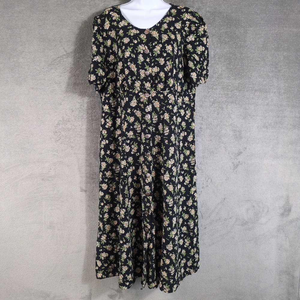 Vintage More Jazz Black Daisy Floral Rayon Button Front Midi Dress Plus Size 20